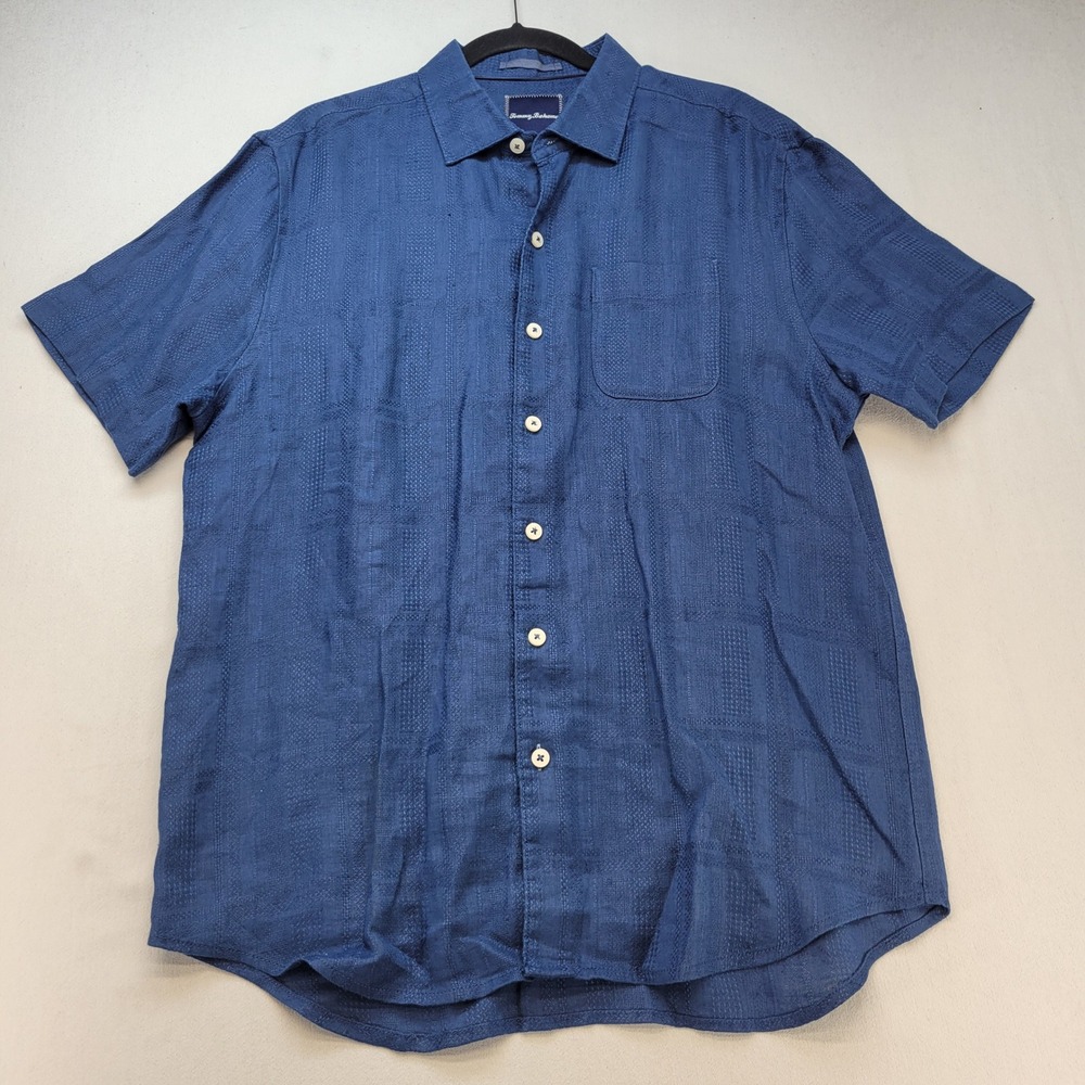 Tommy Bahama Button Down Mens Large Blue Linen Short Sleeve Jacquard Shirt